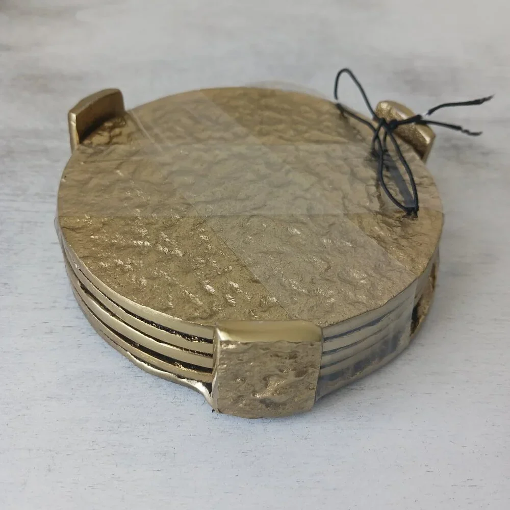Gold Textured Hammered Metal Round Coaster Set of 4 on Standard India D 3.75
